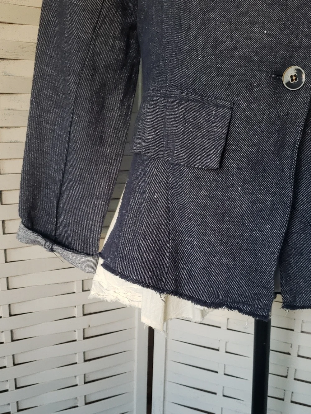 Amici By Baci Dark Blue Women's Tailored Button-Front Jacket Distress Size M